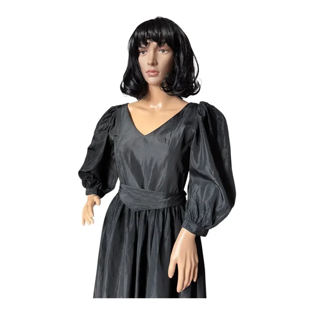 1980s Laura Ashley Black Puff Sleeve Midi Dress Ireland Small